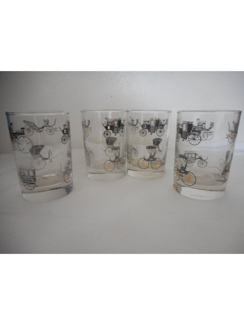 Vintage Lot of 4 Libbey Double shot glasses Black Gold Horseless Carriages Cars